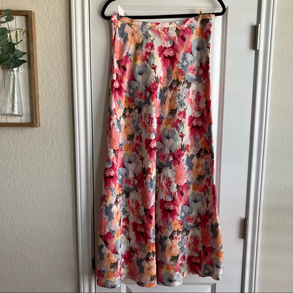 vtg floral silk linen midi maxi skirt